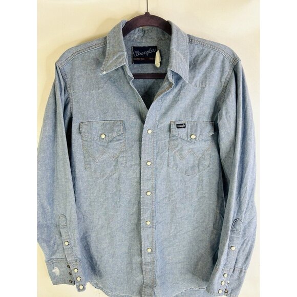 Vintage 80s Wrangler Chambray Denim Pearl Snap Button Shirt Western - Picture 5 of 6